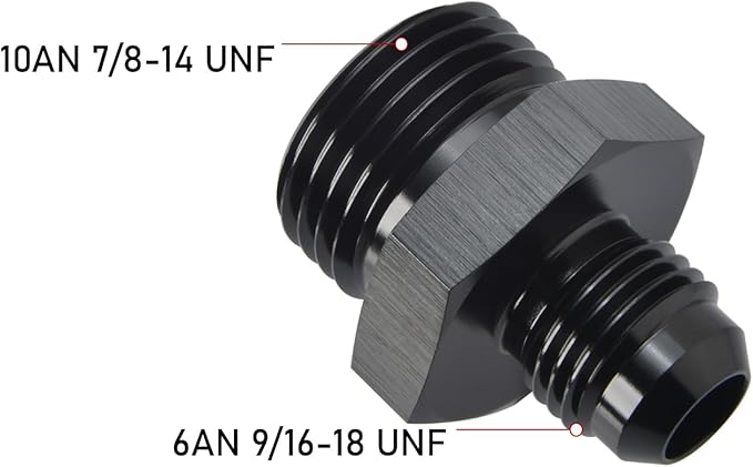 6AN Male Flare to 10AN ORB O-ring Boss Fuel Pump Rail Adapter Fitting Aluminum Black, Pack of 2