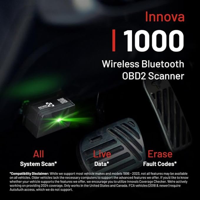 Innova 1000 Bluetooth OBD2 Scanner for iPhone & Android - Predict Car Problems Before They Happen - No Subscriptions - Detect Check Engine, ABS, SRS Issues for Cars 1996+