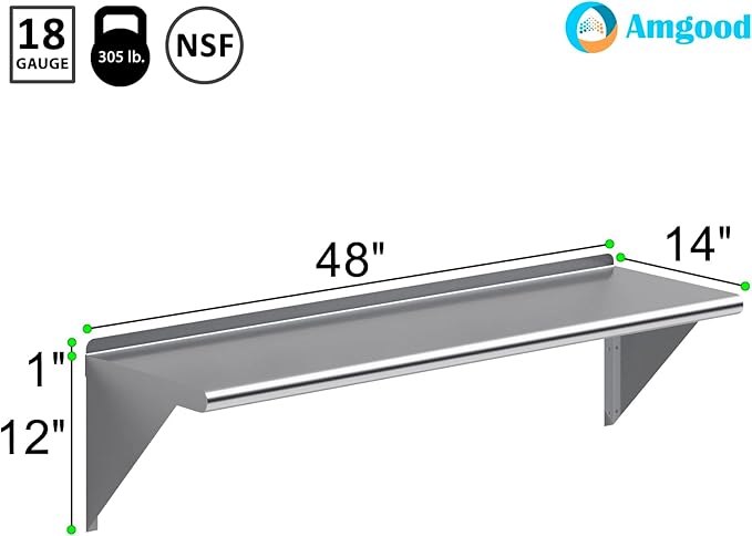 AmGood 48" Long X 14" Deep Stainless Steel Wall Shelf | NSF Certified | Appliance & Equipment Metal Shelving | Kitchen, Restaurant, Garage, Laundry, Utility Room