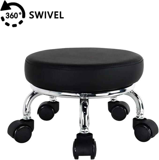 Modern Roller Seat PU Leather Low Round Rolling Stool 360 Swivel Small Stool with Universal Caster Wheels for Home Office, Garage, Shop, Fitness, Sport (H: 8.6", Black)