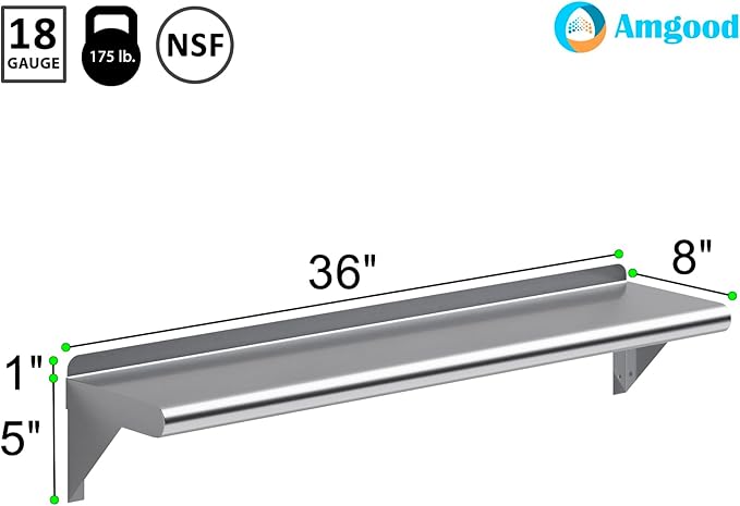 AmGood 8" X 36" Stainless Steel Wall Shelf | Metal Shelving | Garage, Laundry, Storage, Utility Room | Restaurant, Commercial Kitchen | NSF
