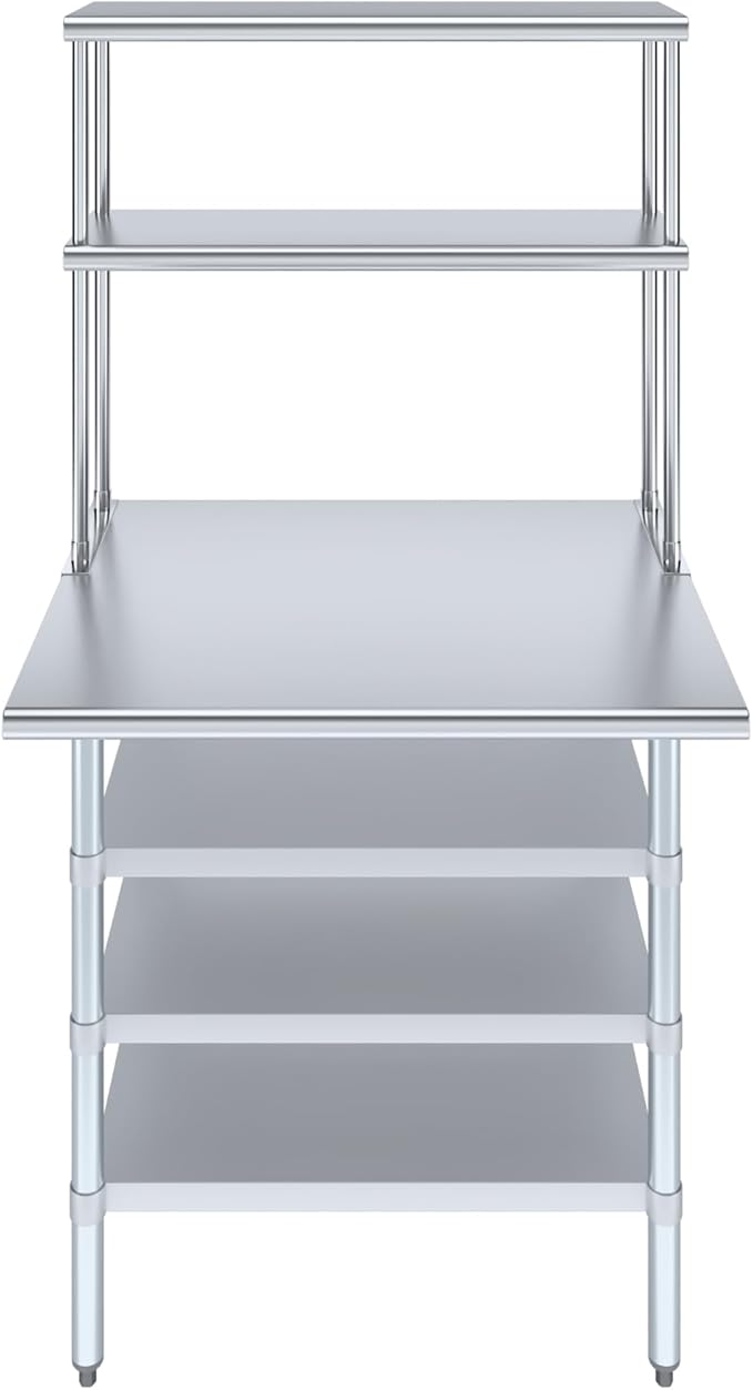 Amgood 30" x 36" Stainless Steel Work Table with 3 Shelves and 12" Wide Double Tier Overshelf | Metal Kitchen Prep Table & Shelving Combo | NSF