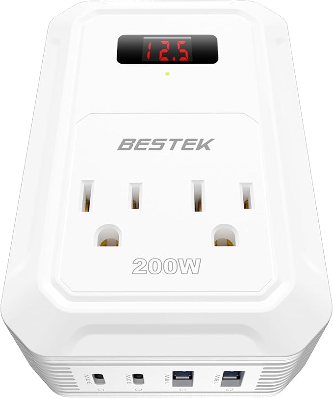 BESTEK 200W Car Power Inverter - DC 12V to 110V AC Converter with 2 USB-C(30W) and 2 USB-QC(18W) - Fast Car Charger Adapter with LCD Screen, Dual AC Adapter for Laptops