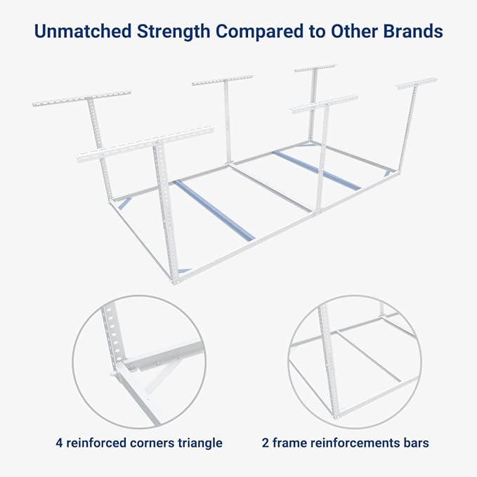 FLEXIMOUNTS 4x8 Overhead Garage Storage Rack without Decking, Garage Storage Organization System, Heavy Duty Metal Ceiling Storage Racks, 600lbs Weight Capacity, White