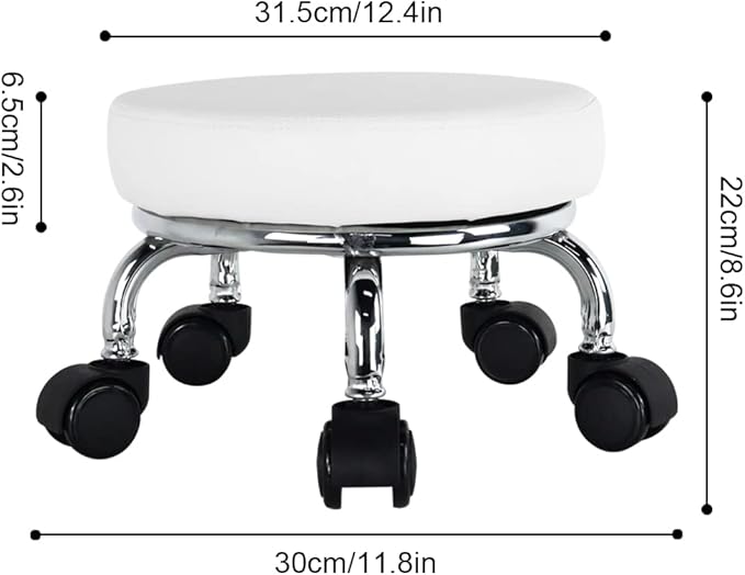 Modern Roller Seat PU Leather Low Round Rolling Stool 360 Swivel Small Stool with Universal Caster Wheels for Home Office Garage Shop Fitness Sport H8.6" (White)