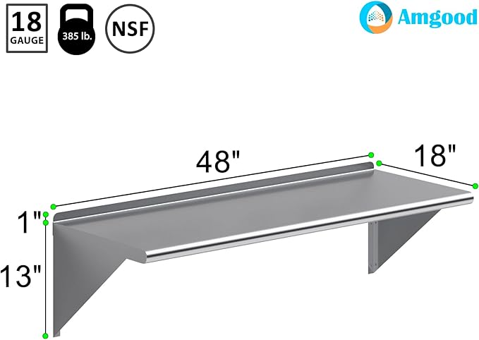 AmGood 48" Long X 18" Deep Stainless Steel Wall Shelf | NSF Certified | Appliance & Equipment Metal Shelving | Kitchen, Restaurant, Garage, Laundry, Utility Room