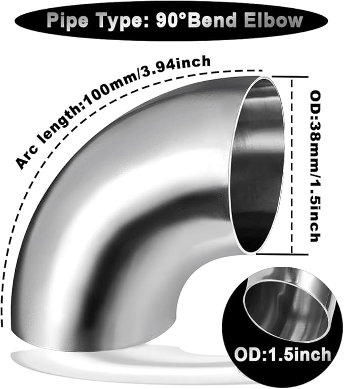 OD 1.5 Inch 90 Degree SS304 Stainless Steel Bend Tube Exhaust Elbow Pipe for Car Modified Exhaust System 1.5" Piping Silver Tone，Stair Handrail (1pcs)