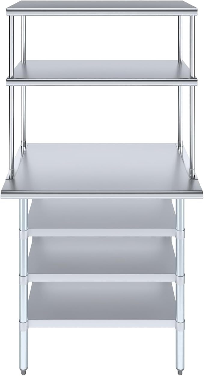 Amgood 24" x 36" Stainless Steel Work Table with 3 Shelves and 18" Wide Double Tier Overshelf | Metal Kitchen Prep Table & Shelving Combo | NSF