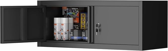 LUCYPAL Garage Storage Cabinet,Metal Wall Storage Cabinet with Locking Doors for Workshop,Kitchen,Steel Tool Hanging Cabinets for Warehouse,Home Office,Black,12.8''H