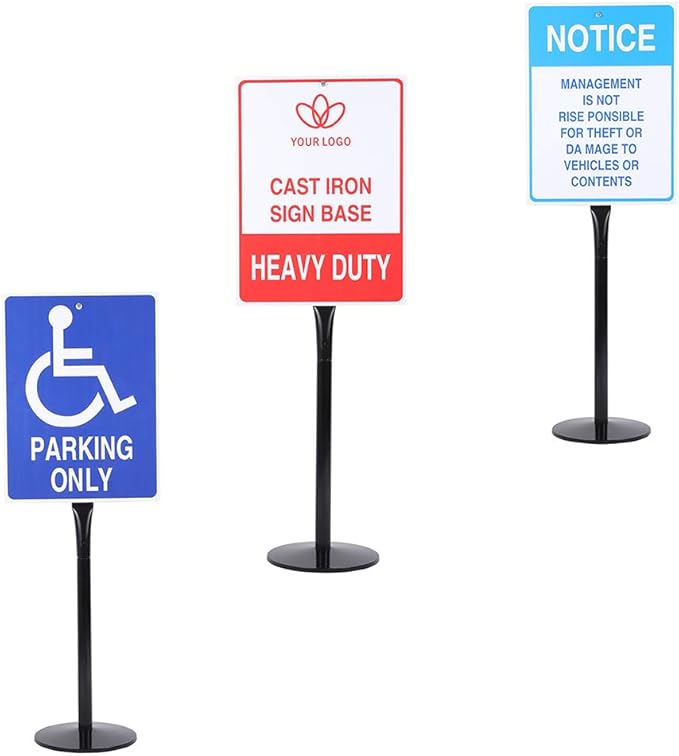 Heavy Duty Cast Iron Sign Post and Base Kit - 12" DIA Stand with 48" Post and Bolts & Nuts for Hanging Signs, Portable Sign Holder for Parking and Recreational Use