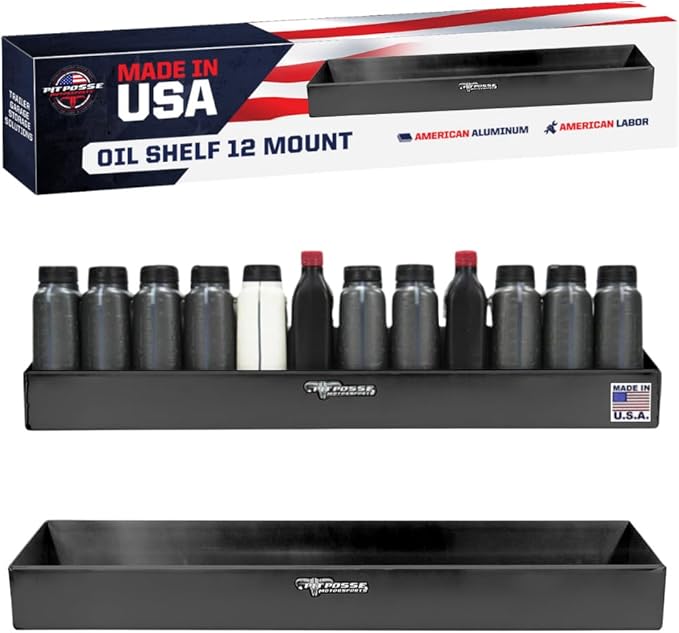 Pit Posse 443BK Oil Shelf 12 Quart Bottle Holder Storage Organizer Caddy 32" | Made in USA | Enclosed Race Trailer Garage Shop Automotive Motor Engine Oil Rack Caddie Shelves (Black)