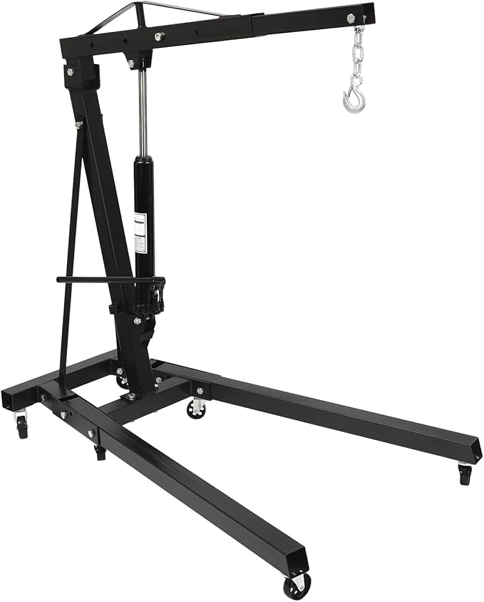 2 Ton Folding Engine Hoist 6.89Ft Lifting Height Heavy Duty Carbon Steel Crane Hoist Lift Hydraulic Powered Folding Engine Hoist Cherry Picker with 6 Wheels for Garage Workshop