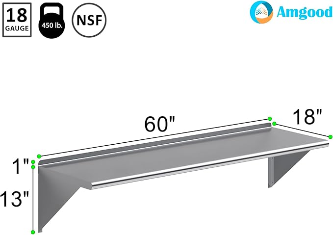 AmGood 60" Long X 18" Deep Stainless Steel Wall Shelf | NSF | Appliance & Equipment Metal Shelving | Kitchen, Restaurant, Garage, Laundry, Utility Room
