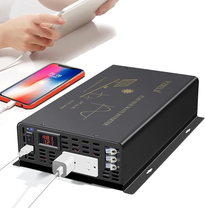WZRELB 3000W Pure Sine Wave Power Inverter 48VDC to 120VAC 6000W Peak Dual AC Outlets 2× 2.4A USB Port &Hardwire Terminal Off-Grid Solar Converter RV Trucks (U5-300048)