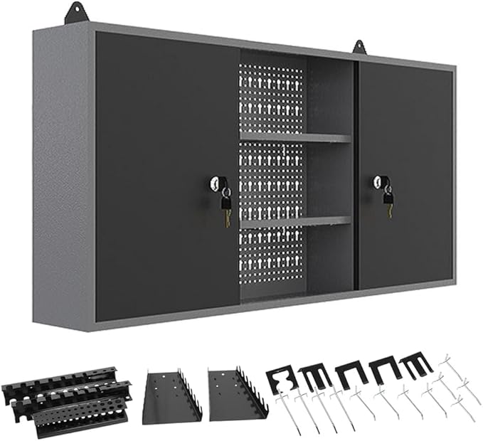 JZD Steel Wall Mount Storage Cabinet System with 22 Tool Hooks, for Garage Workshop Black & Grey