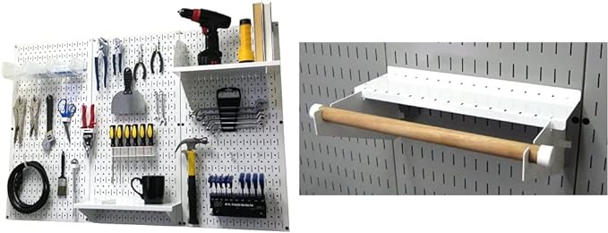 Wall Control Pegboard Organizer 4 ft. Metal Pegboard Standard Tool Storage Kit & Pegboard Paper Towel Holder and Dowel Rod Pegboard Shelf Assembly for Pegboard and Slotted Tool Board – White