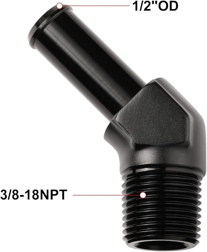 3/8 NPT Male to 1/2" Hose Barb Fitting Adapter 45 Degree Elbow Aluminum Black