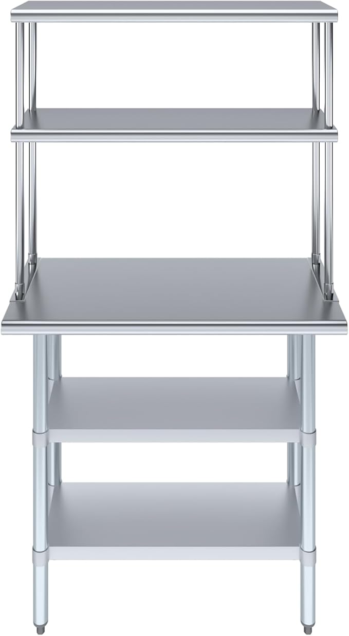 Amgood Stainless Steel Work Table with 2 Shelves | Metal Kitchen Prep Table & Shelving Combo (18" x 36" Table with 2 Shelves + 12" Overshelf)