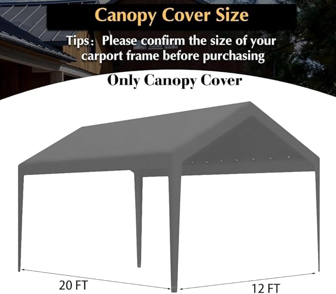 Rutile 12 x 20 FT Carport Replacement Cover, Heavy Duty Car Tarp Canopy Tent Garage Top Shelter Cover with Fabric Leg Pole Skirts and Ball Bungees Gray (Only Top Cover, Frame is not Included)