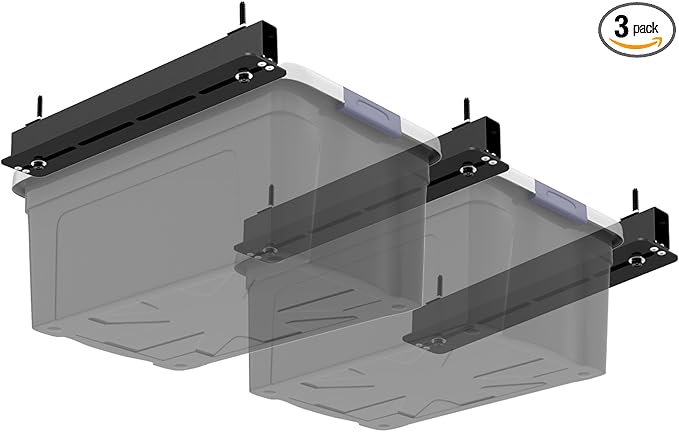 3 Pack Overhead Storage Bin Rack, Ceiling Racks for Utility Bins Organization, Heavy Duty Rack Ceiling Garage Storage for Supports Most Bins Container (for 2 Bins, Bins are not included)