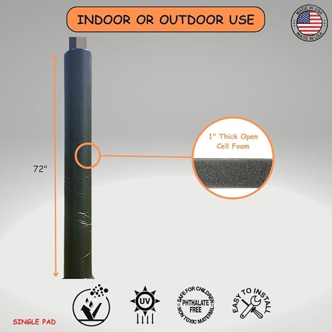 Safety Pole Pad, 4 FT Tall, 1” Thick Foam, Weatherproof, UV-Resistant, Hook/Loop Closure, Pickleball Pole Pad