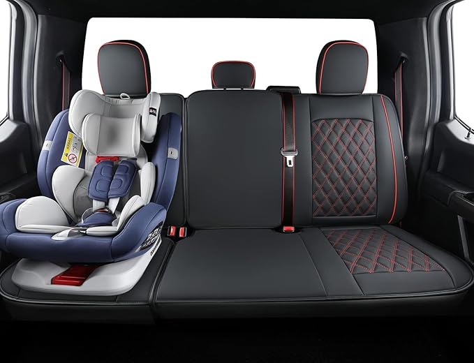 LUCKYMAN CLUB F150 Seat Covers Fit for 2010-2014 F150 SuperCrew with Waterproof Faux Leather(Full Set, Black&Red)