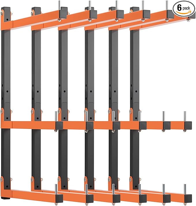 6 Pack Lumber Rack Wall Mount, Heavy Duty Wood Storage Racks, 9-Level System Organizer Shelving, 1080 LBS Capacity Hanging Garage Shelves, Orange Brackets Utility Metal Shelf for Indoor and Outdoor