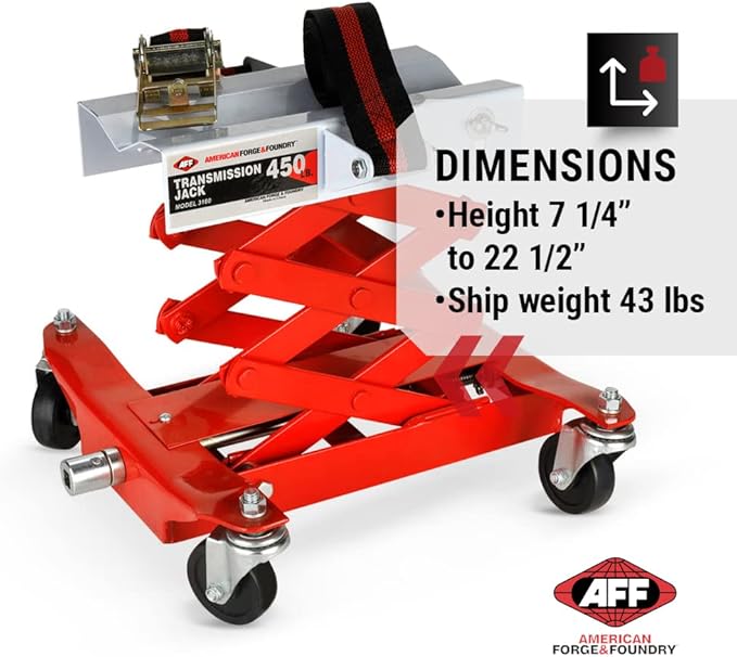 AFF Manual Transmission Jack - Use 1/2" Drive Ratchet to Operate - for Transmissions & Gas Tanks on Smaller Vehicles - 450 lbs Capacity