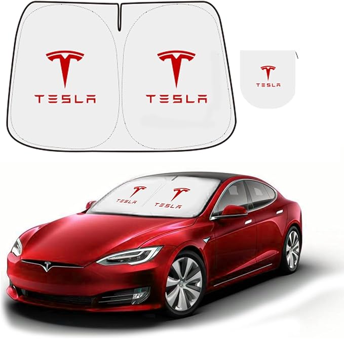 300T Sunshade for Tesla Model Y Model 3, Car Accessories 2025 for Tesla, Front Window Sunshade with Organizer Bag, Gifts for Tesla Owners (Red)