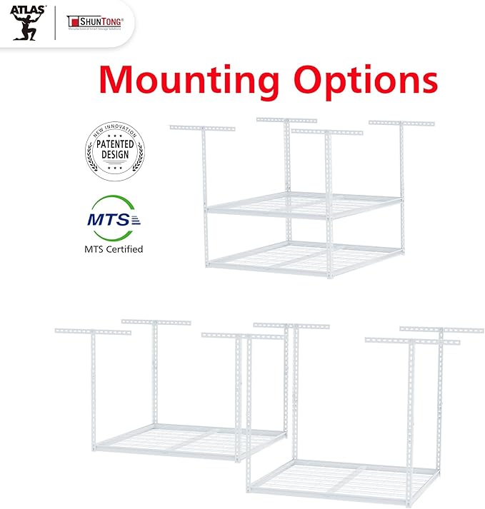 The Atlas Pro 4 x 8 ft Overhead Garage Storage Rack, Ultra Duty 1250lbs Weight Capacity, Adjustable Height 26"-48", White
