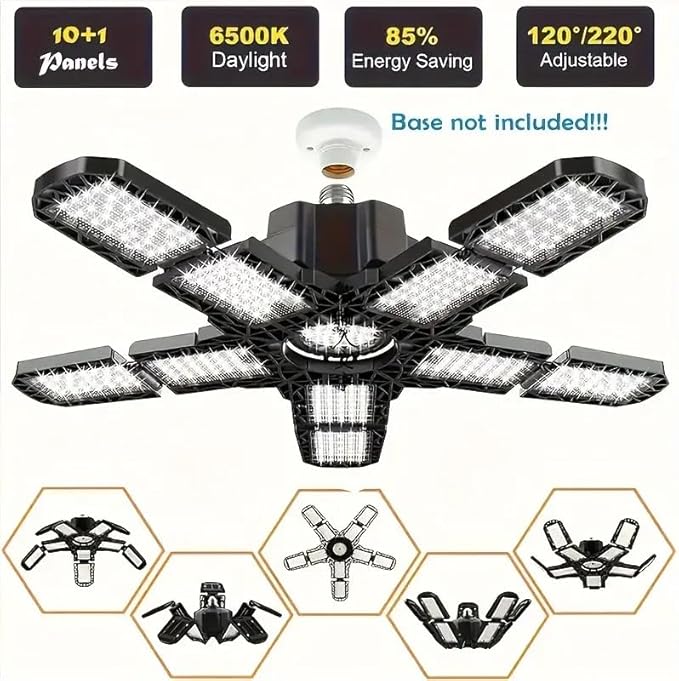 2 Packs LED Garage Light, Super Bright Screw in E26/E27 Ceiling Shop Work Lamp, 260W 26000 Lumen Deformable Basement Bulb Fixture with 10+1 Adjustable Panels, Lighting for Workshop, Attic