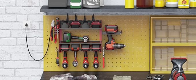 CCCEI Modular Power Tool Organizer Wall Mount Charging Station, Red 6 Drills Holder with 8 Plug Power Strip, Garage Drill Battery Heavy Duty Metal Shelf, Utility Rack with Hooks, Side Storage.