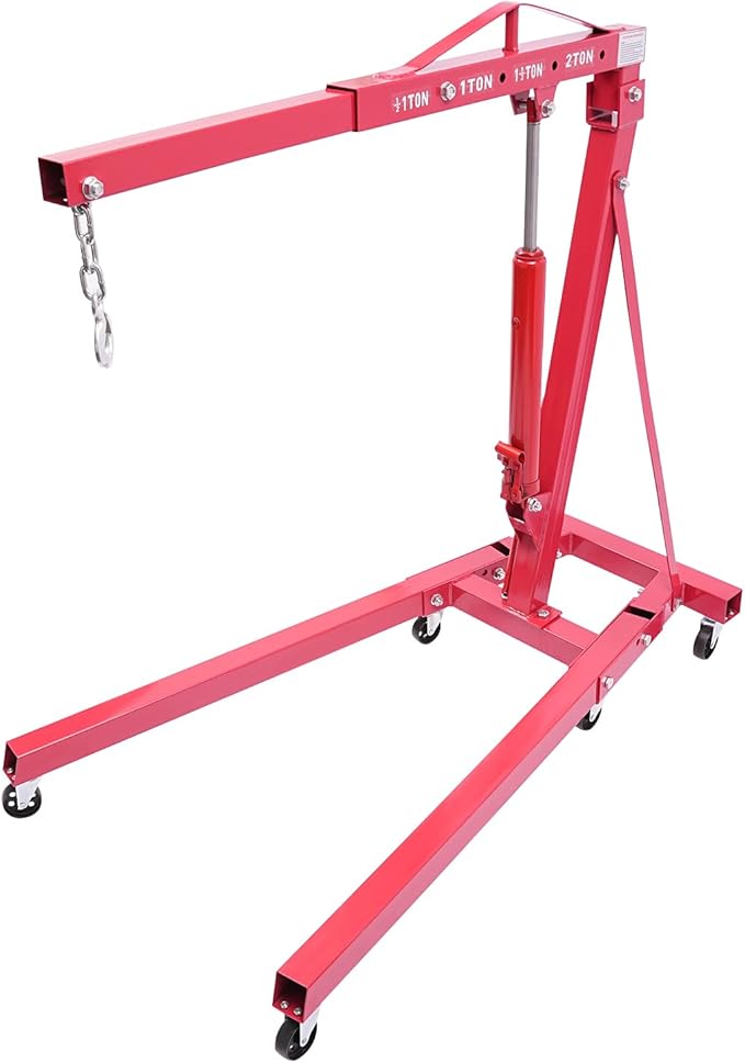 LOYALHEARTDY 1 Ton Hydraulic Engine Hoist, Folding Engine Lift with 6 Wheels, Heavy Duty Steel Shop Engine Crane, Cherry Picker Engine Hoist for Garage, Workshop, 2200 LBS (Red, 1 Ton)