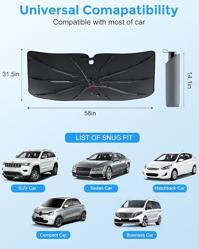 [Updated Version] Car Windshield Sun Shade, [Effective Keep Cool] Spring Structure Umbrella Sunshade for Cars Windshield, Protect from Sun Rays, Heat Damage and Protect Interior