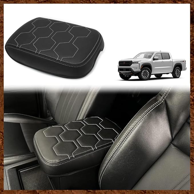 Muslogy for Frontier Center Console Pad Armrest Box Cover Vegan Leather Soft Accessories Armrest Lid Protector Compatible with Nissan Frontier 2022-2024 2025 (Regular Thick, V1 White Stitching)