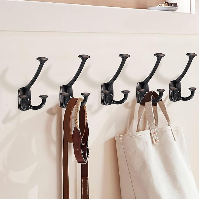 Large Wall Double-Sided Hook 2 Pack Oil Rubbed Bronze Hook Decorative Heavy Duty Solid Large Coat Hooks for Towel Hanging Coats Robe Towel Bags Door Back 2 Prong Hooks