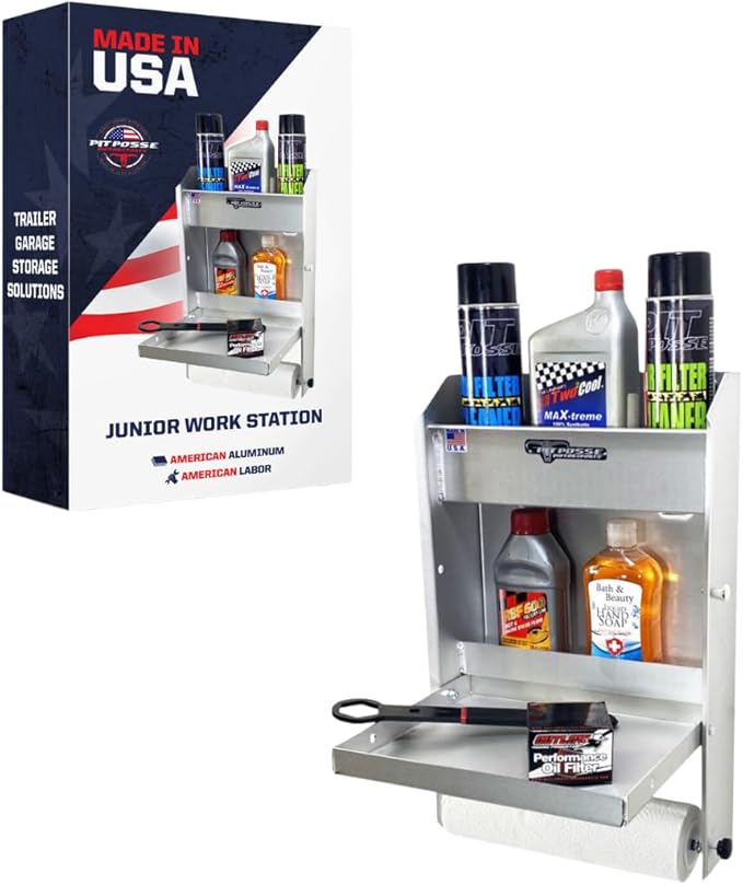 Pit Posse 458 Jr Work Station Storage Cabinet Shelf Rack Holder Caddy - Made in USA - Garage Enclosed Race Trailer Automotive Mechanics Shop Storage Organizer Aluminum (Silver)