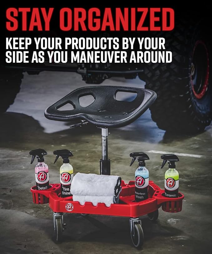 Adam's Polishes Pro Rolling Stool, Car Detailing Stool Chair, Shop Stool with Wheels, Garage Organizer, Tool Organizer Tray, Adjustable Height for Car Cleaning Buffer Polisher Ceramic Coating Car Wax