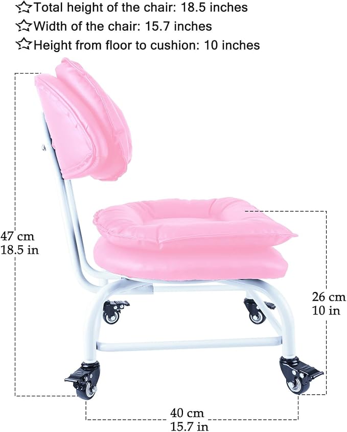 Rolling Stool Wide Seat with Back Rolling Chair 4 Wheels with Brakes for Home Office Garage Shop Waterproof Roller Seat Durable Steel Stand Pink