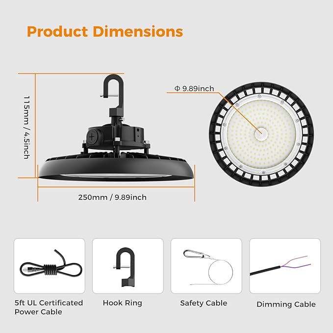 LED High Bay Lights 180W UFO Shop Lights 32400 LM 6000K Commercial Bay Lighting Fixture IP65 5ft Cable Plug & Play for Warehouse Factory Garage Workshop Barn 2 Pack