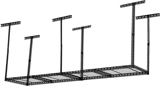 Overhead Garage Storage Rack 2x8 FT, Steel Ceiling Shelves 660lb Capacity, Height Adjustable 22-40 Inches, Space-Saving for Attic Basement Shed (Black, 6 Posts)