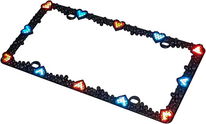 Creathome 3D Daisy Heart License Plate Frame from Pure Zinc Alloy Metal Perfect Plate Holder, Matt Black Daisy with Red and Blue Reflective Heart