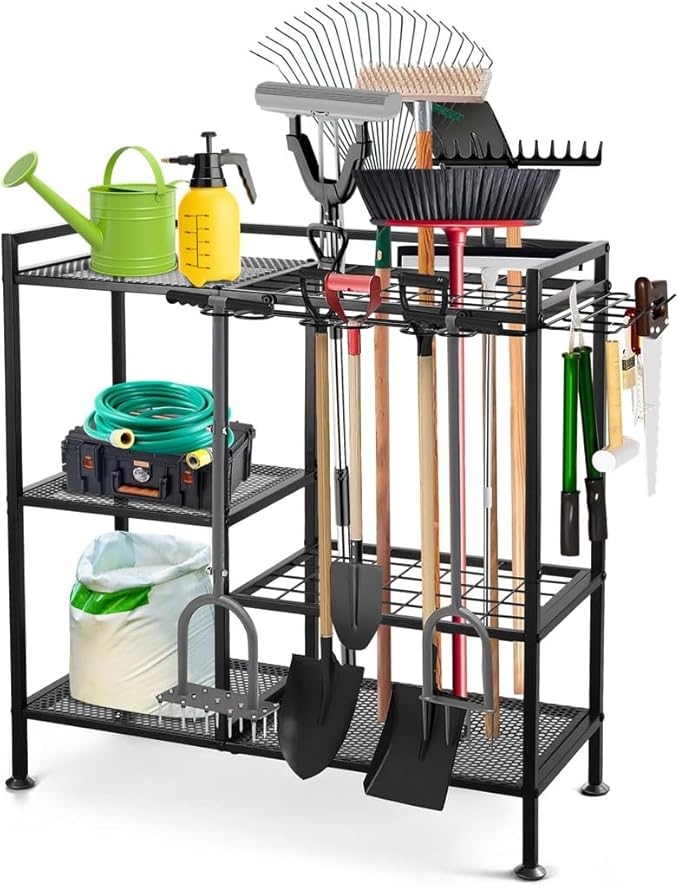 Garden Tool Organizer for Garage, 3 Tiers Garden Tool Holder with Large Tool Slots & Small Tool Hooks, Large Capacity Yard Tool Storage, Heavy Duty Metal Tower Rack for Lawn Garage Shed