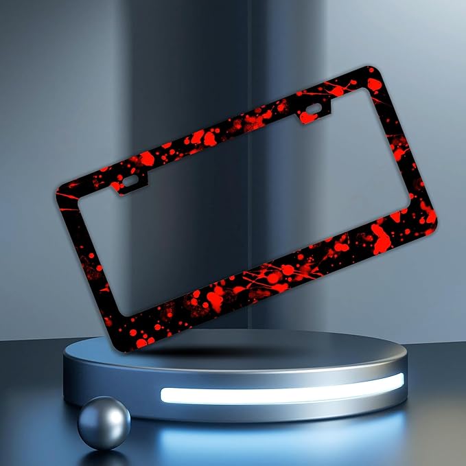 Blood Splattered Red Black License Plate Frames - 2 Pcs Set 2 Holes Stainless Steel Metal Auto Car Accessories Decoration License Plate Frame Cover Size 6.3" x 12.2" Fit US Vehicles for Women Men Gift