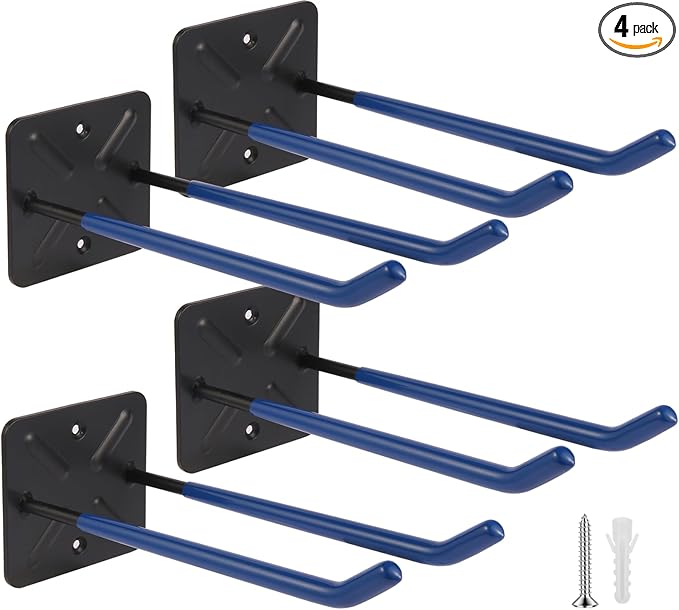 Steel Garage Storage Hooks Wall Tool Organizer, 12.4 Inch Garage Hook Heavy Duty Utility Storage Hangers Blue for Ladders, Chairs, Garden Tools, Set of 4