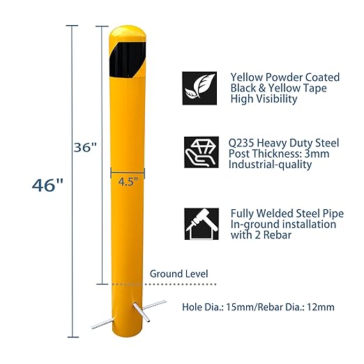 46" Pour in Place Steel Bollard Post, 4-1/2" OD Safety Bollard Yellow Powder Coat, Metal Bollard Parking, Driveway Barrier