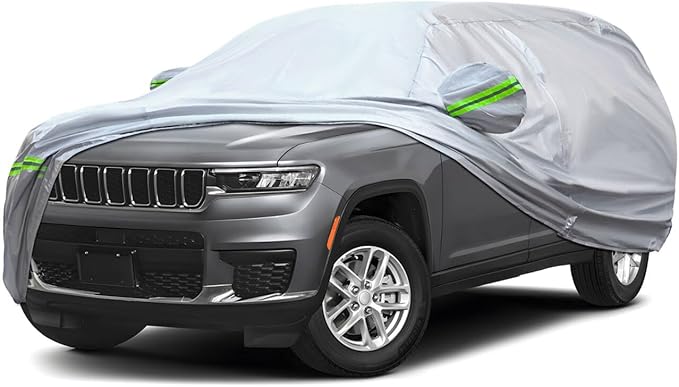 KEYOOG 6-Layer Full Car Cover is All-Weather Waterproof, Universal in All Seasons, Snow Prevention, Rainproof, Acid Rainproof, Sunscreen, Ultraviolet-Proof, Fit SUV 214"-236" Green Reflective Strip