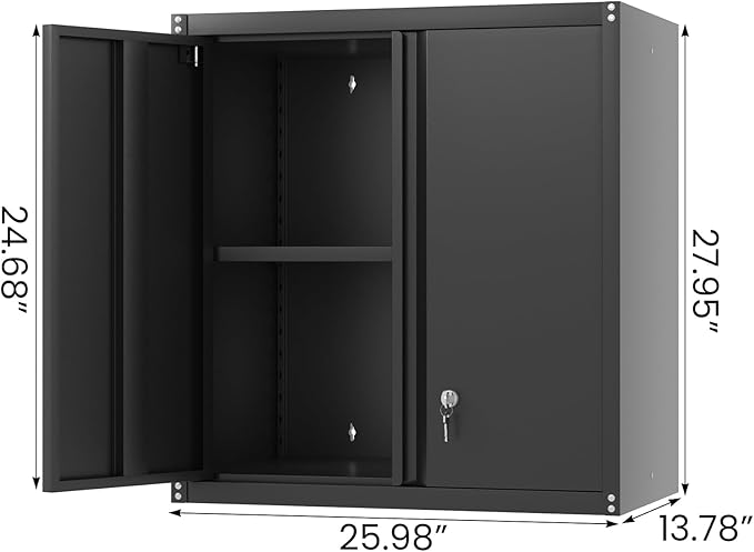 LUCYPAL Garage Storage Cabinet,27.95" H Metal Wall Cabinets with Locking Doors and Adjustable Shelves,Steel Hanging Storage Cabinet for Home Office,Kitchen,Basement,Black