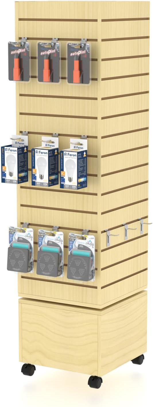 WISDOMFUR Rotating Slatwall Display Rack – 16"x16"x60" Maple Spinning Tower with Wheels – Retail Display Fixture for Accessories, Hooks & Shelves