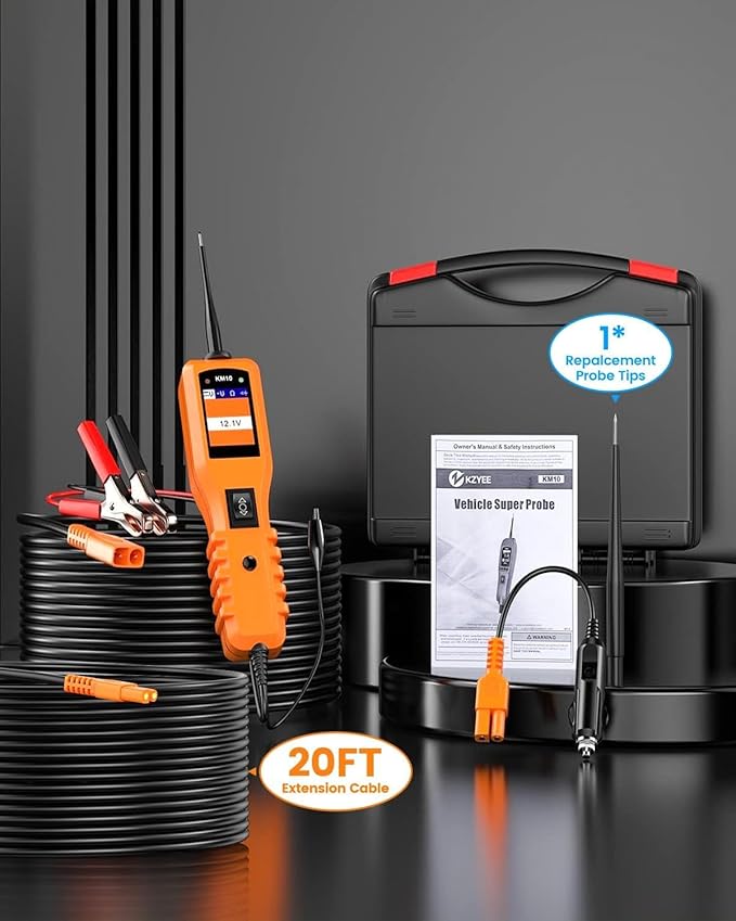 KZYEE KM10 Power Circuit Probe Kit, 12V 24V Automotive Circuit Tester, Digital Multimeter, Short Finder, AC/DC Voltage Tester, Diode & Resistance, Current Probe Component Activation, 20FT+20FT Cable